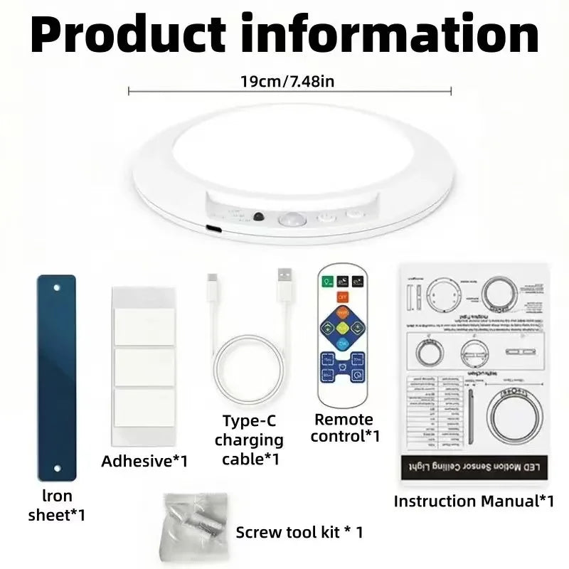 Motion Sensor Ceiling Light USB Type-C Rechargeable Magnetic Lamp Wireless Wall Lamp Remote LED Night Light For Kitchen Coatroom
