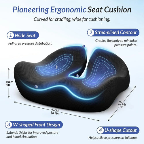 Ergonomic Memory Foam Seat Cushion – Large 47 × 41 cm for Office, Car & Gaming