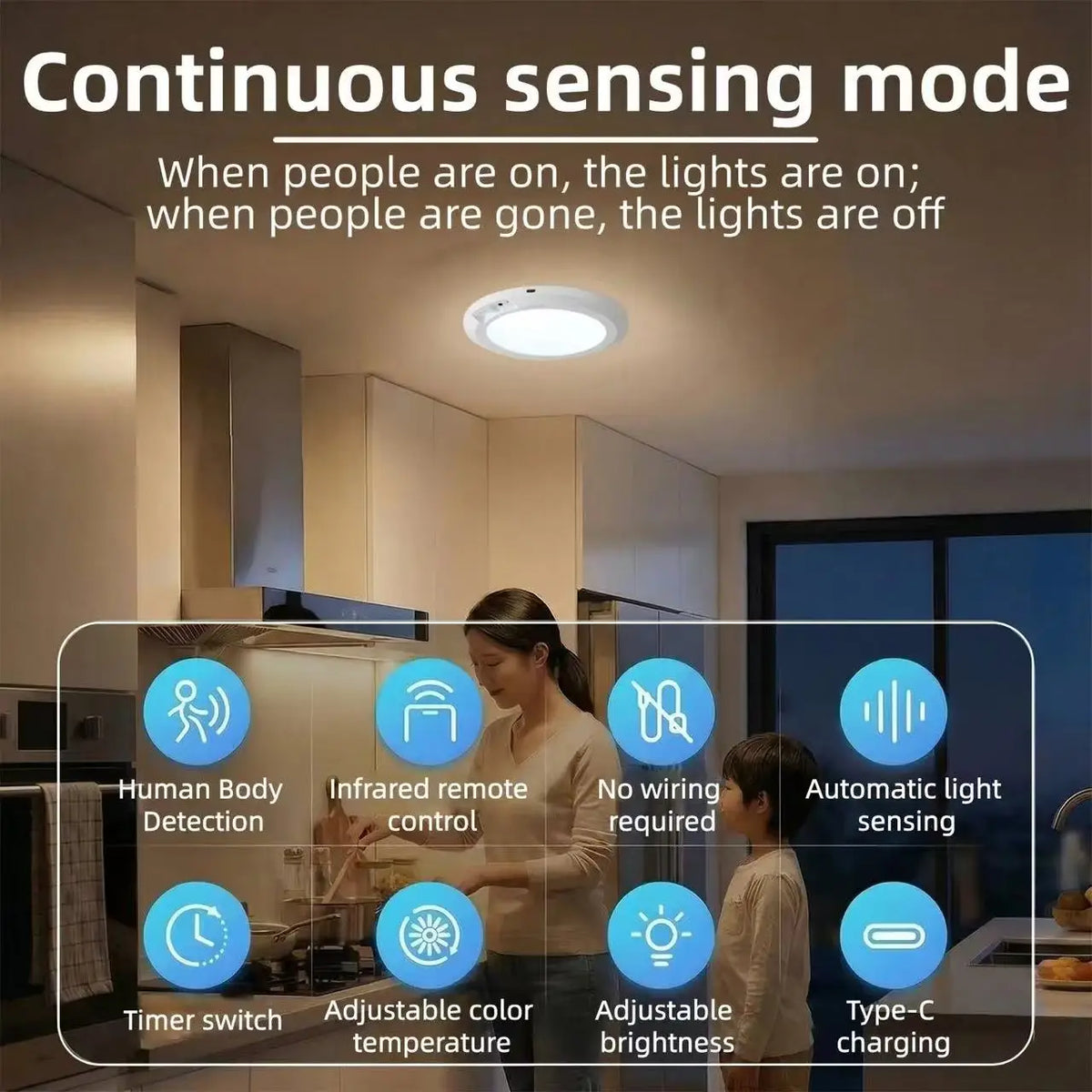Motion Sensor Ceiling Light USB Type-C Rechargeable Magnetic Lamp Wireless Wall Lamp Remote LED Night Light For Kitchen Coatroom
